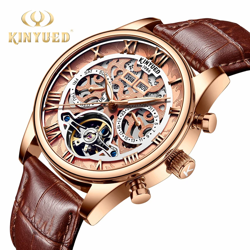 Автоматические Мужские часы KINYUED Tourbillon скелетоны цвета розового золота с датой