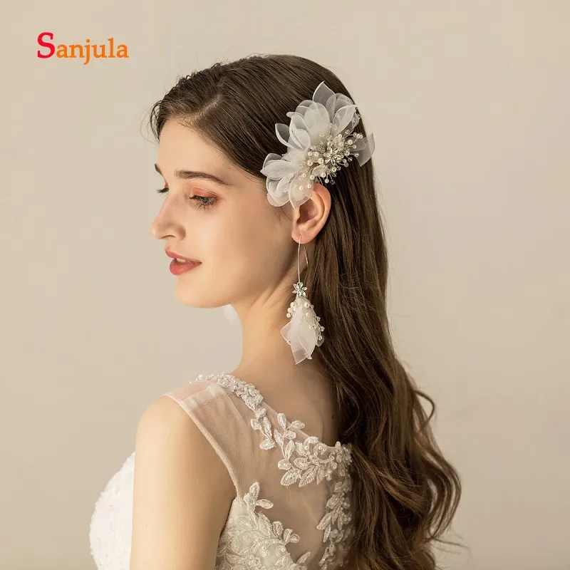 Органза ручной работы Цветы расчески для невесты Hairwear жемчуг очаровательные