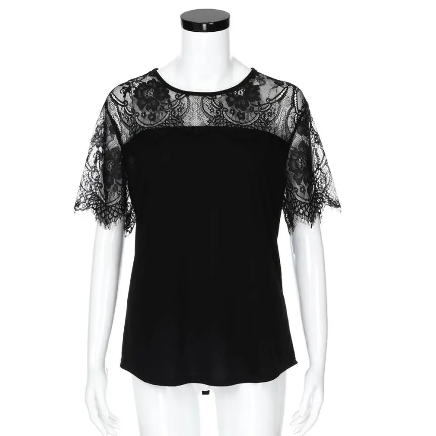 Women Perspective Sexy Lace Patchwork Striped Black Blouse Shirt Deep O Neck shortSleeve Ladies Party Top Blusa Feminina Camisas |