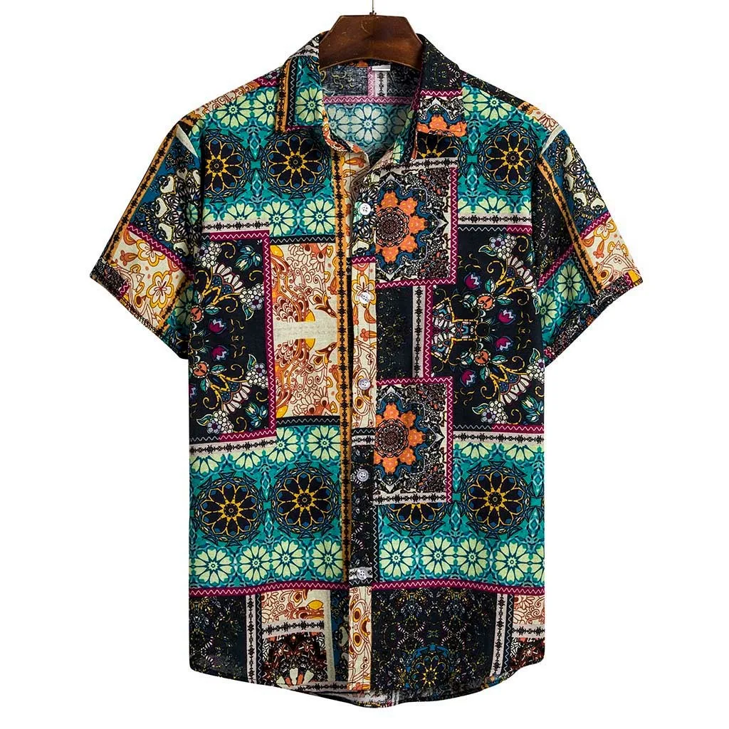 Мужские рубашки camisa повседневные этнические с коротким рукавом Гавайские мужские s рубашка с хлопком отложной воротник Мужская Блузка camisa masculina
