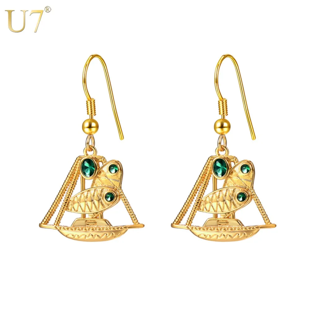 

U7 Gold Color Ethnic Sailboat Dangle Earrings With Green AAA Cubic Zirconia Papua New Guinea Fashion Jewelry For Women E1007