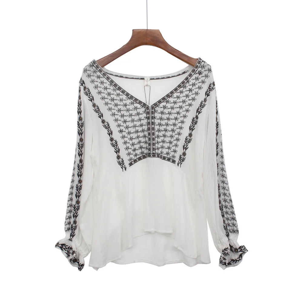 Женская винтажная блузка с вышивкой Boho белая и черная хлопковая туника длинным