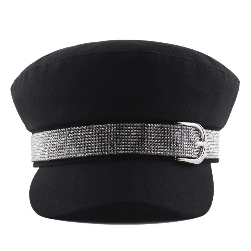 Women's Hat Flat Cap Military Cap Spring Autumn Super Flash Rhinestone Belt Buckle Flat Top Military Hats Fashion Berets Cap