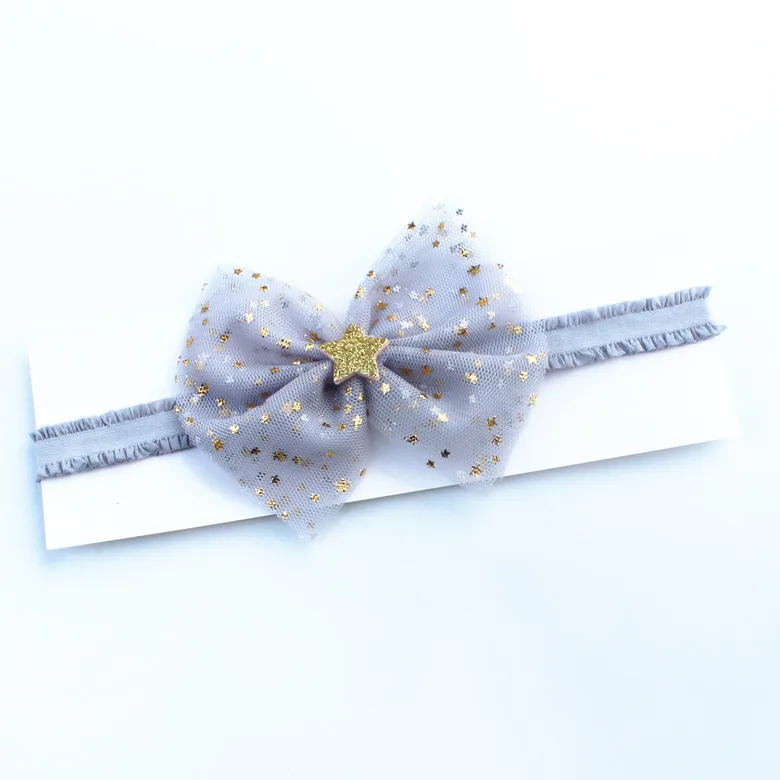 

30 pcs/lot , Mesh Flower with Glitter Gold Star Elastic headband, Girls Hair Accessories