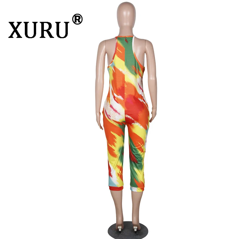 

XURU Summer New Hot Women's Print Jumpsuit Sexy V-neck Sling Jumpsuit Club Party Nightclub Leotard Cropped Pants
