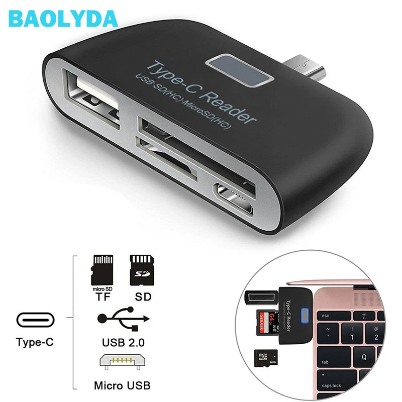 Baolyda алюминиевый Micro USB кардридер Type C 4в1 OTG/TF/SD Смарт мини адаптер USB/Micro порт для