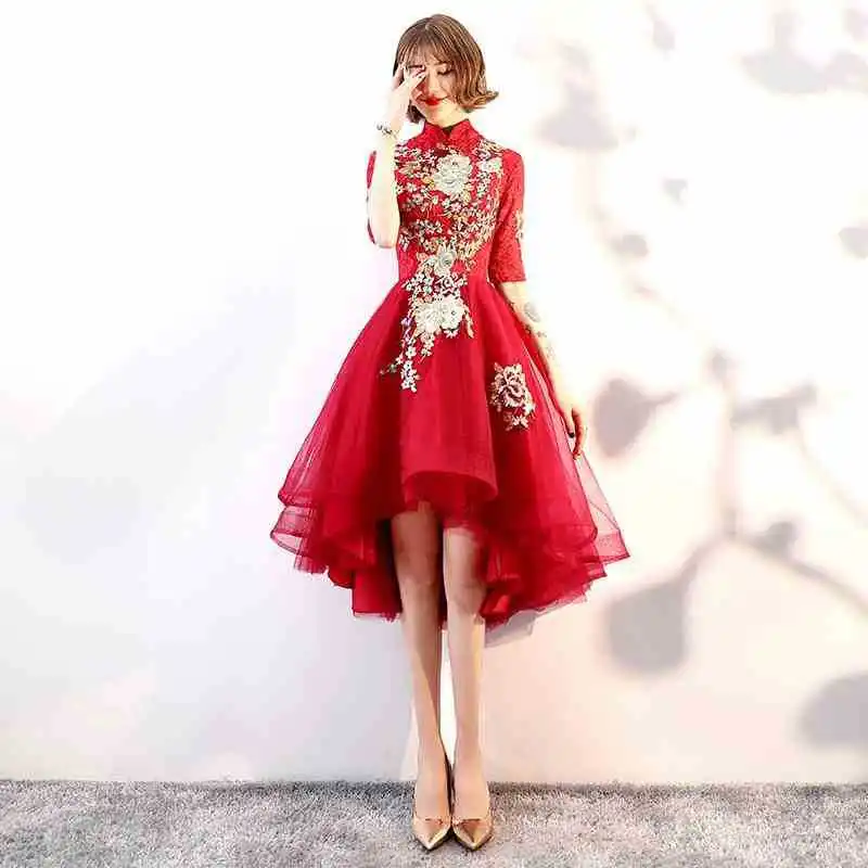 Красные пышные платья Cheongsam для выпускного вечера, миди элегантные китайские платья, высокие коктейльные платья, вечерние платья TS447