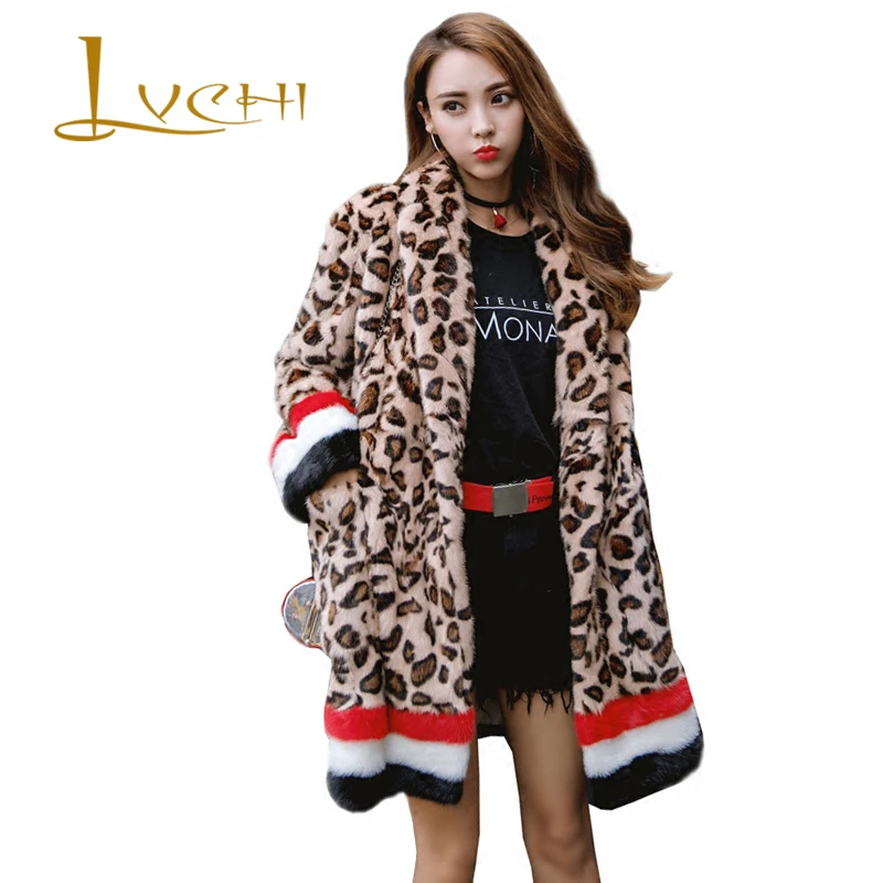 

LVCHI 2019 Streetwear Fashion Women Midi Mink Fur Leopard Real Visone Luxury Turn Down Collar Coats Import Stylish American Mink