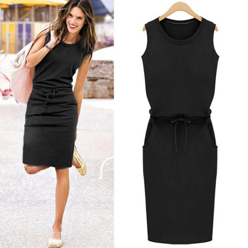 Хлопковое льняное платье 2019 летнее модное женское без рукавов с поясом и круглым