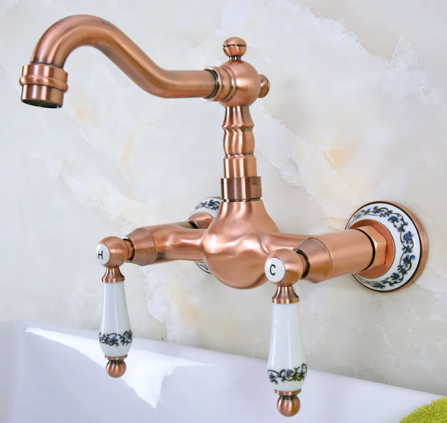 

Antique Red Copper Brass Bathroom Kitchen Sink Faucet Mixer Tap Swivel Spout Wall Mounted Dual Ceramic Flower Levers Base mnf955
