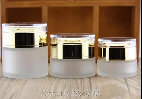 

50G 50ML Frost Glass Jar with Acrylic Gold Cap, High-Grade Cosmetic Packing Container Frosted Glass Bottle, 12pcs/lot