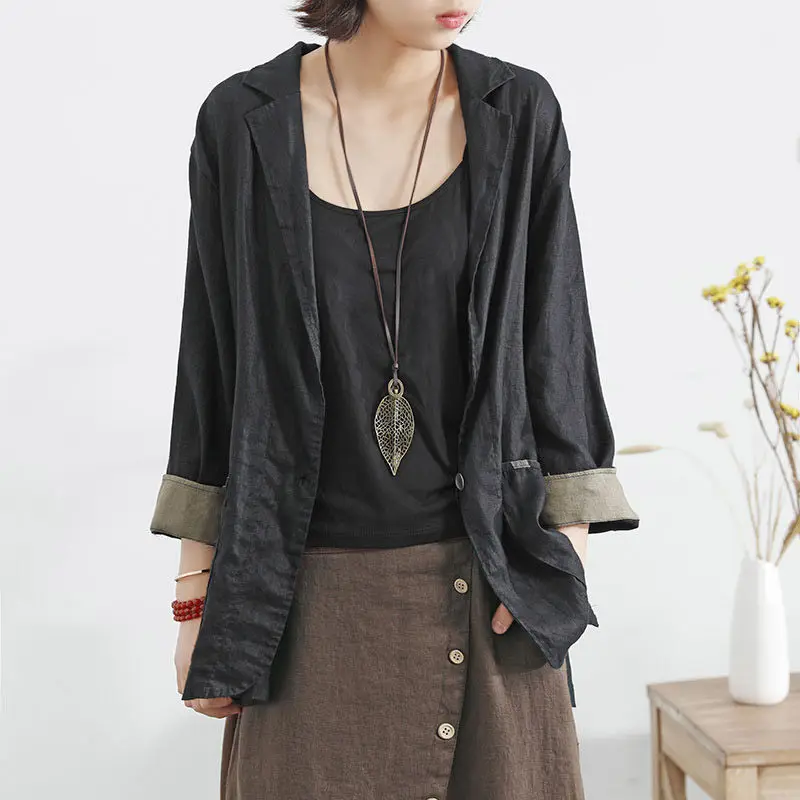 Свободный Повседневный льняной пиджак в стиле ретро приталенный с лацканами