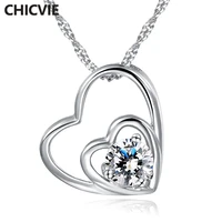 chicvie double heart crystal necklacependants silver for women wedding jewelry necklace chain statement long necklace sne190069