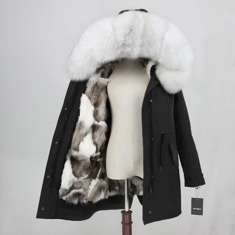 black white Женское пальто со съемным мехом OFTBUY, бежевая непромокаемая длинная парка с натуральным лисьим мехом, верхняя одежда, зима - Цвет: black white