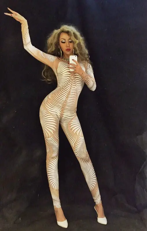 Сексуальный белый телесный комбинезон с 3D рисунком сексуальная одежда для
