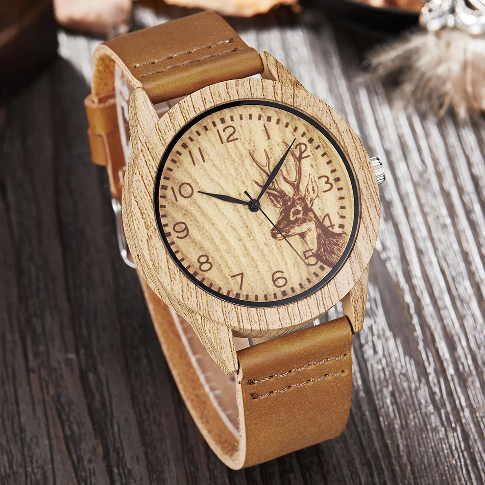 Imitate Deer Wood Watch Men Women Imitation Wooden Watch Ostrich Man Wristwatch Soft Leather Band Male Quartz Wrist Clock Reloj