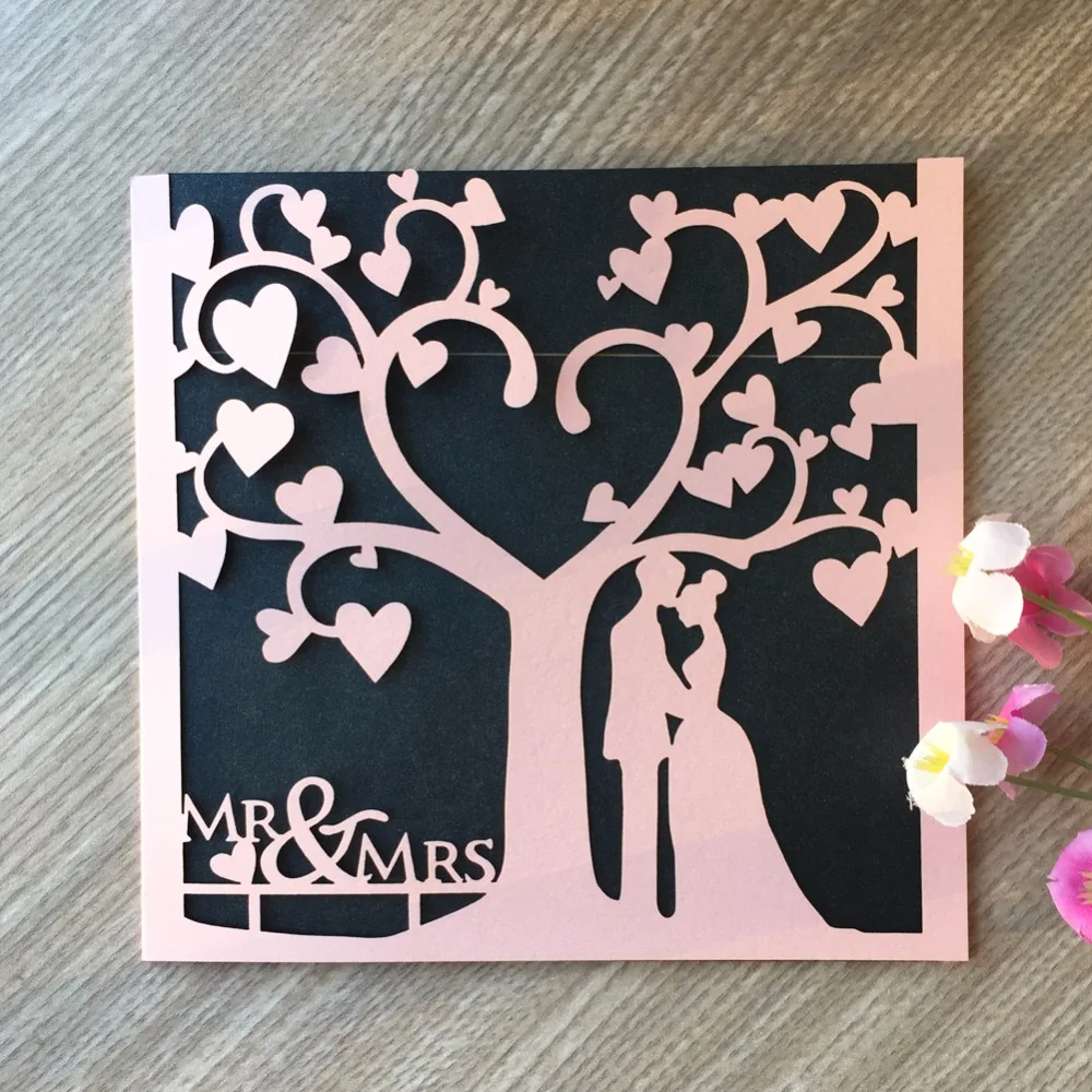 

50pcs New Wedding Party Invitaiton Card Wedding Place Cards Latest invitation card laser cut tree with love Couple Design