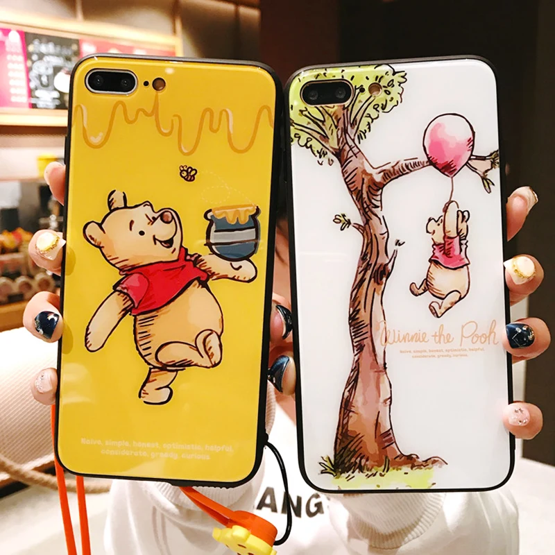 Сумка-Медведь Винни для iPhone 7/8 plus задняя крышка из закаленного стекла 6 6s +