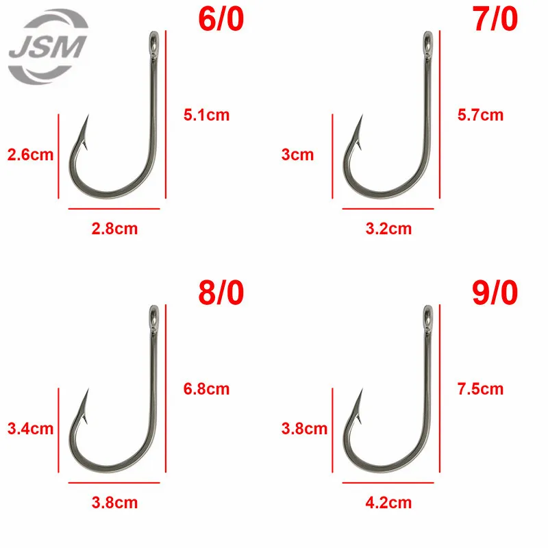 JSM 5pcs 7691 Stainless Steel Big Game Fishing Hooks Fish Tuna Bait Fishhooks Large hook Size 6/0-13/0
