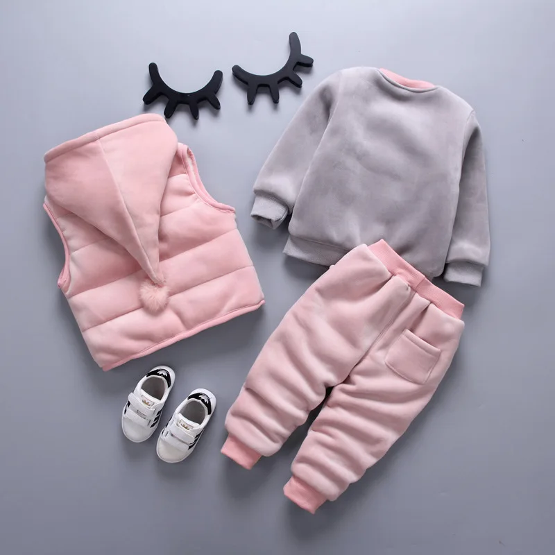 Children Clothes Set 3 Pieces Hoodies Coats+Vests+Pants Girls Tracksuit Warm Plush Velvet Thicken Cashmere Boys Winter Clothing | Детская