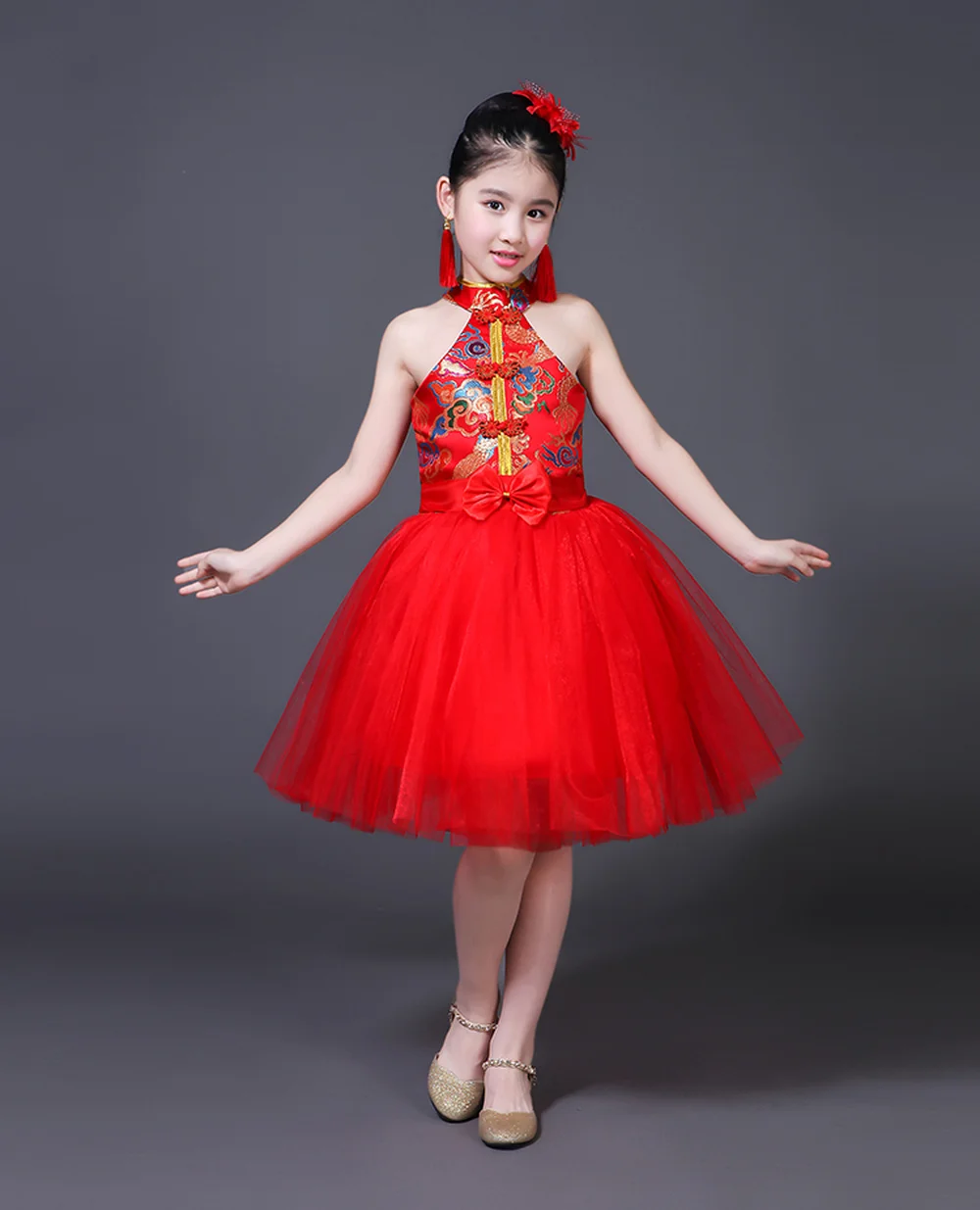 Китайский дети сценический костюм красный Бальные танцы Preformance одежда для