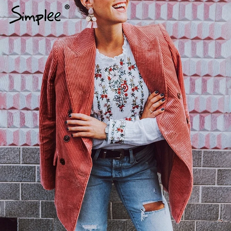 Simplee Повседневный двубортный Женский блейзер с отложным воротником вельветовый