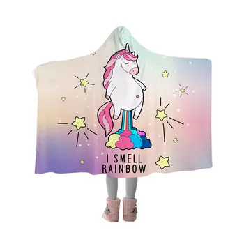 BlessLiving Cute Unicorn Hooded Blanket I Smell Rainbow Pink Blue Throw Blanket Sherpa Fleece Cartoon Wearable Blanket With Hat 5