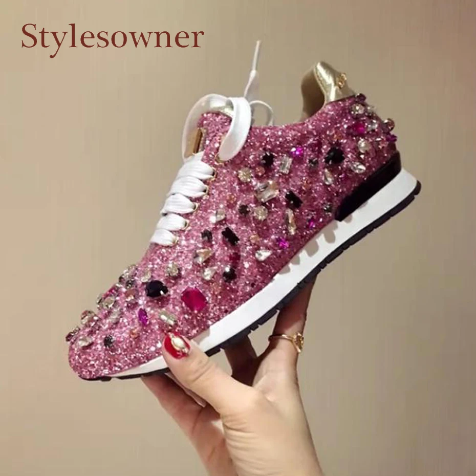 Stylesowner роскошные стразы кроссовки на шнуровке bling разноцветные туфли на плоской подошве с кристаллами и блестками Удобная женская повседневная обувь Новинка