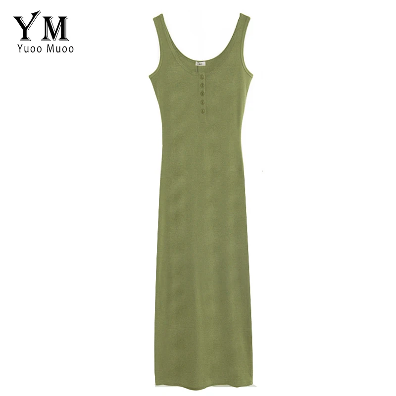Buttons Green YuooMuoo размера плюс летнее женское платье бодикон высокого качества базовое трикотажное платье женское Хлопковое платье миди на тонких бретелях - Цвет: Buttons Green