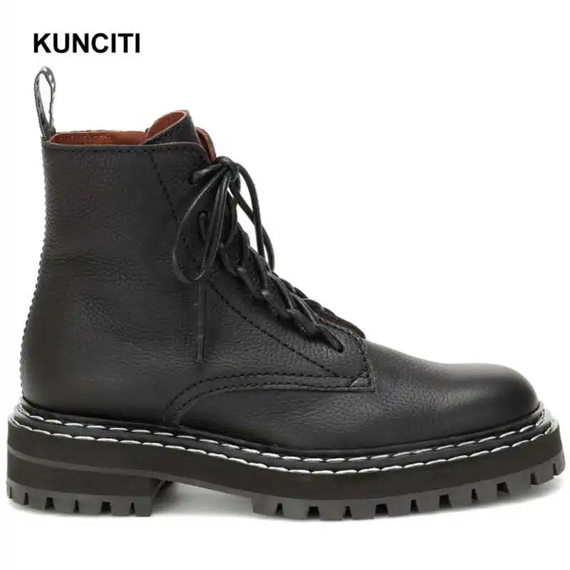 Black Lychee KUNCITI/; женские ботильоны на шнуровке; обувь martin из натуральной кожи; ботинки-гладиаторы в стиле суперзвезды; Новинка; большие размеры 34-43; D937 - Цвет: Black Lychee
