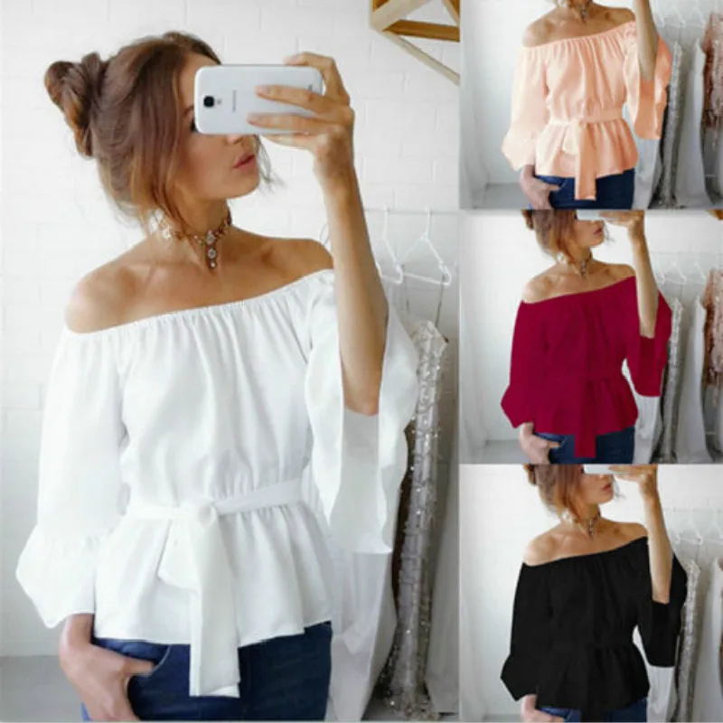 Fashion Summer 2019 Women Ladies Off Shoulder Tops Long Flare Sleeve Shirt Clothes Casual Blouse Loose Shirts | Женская одежда