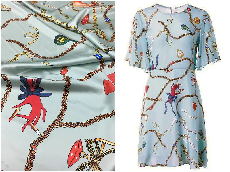 

Новый серый голубом материале с бахромой Европейская и американская цепочка печать эластичная шелковая сатиновая ткань бренд шелк тутовог...