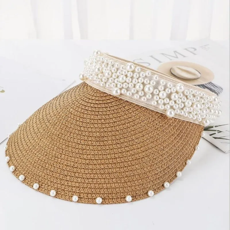 

Seioum Pearls Women Summer Hat Female Elegant Pearl Straw Sun Hat Wide Brim Visor hat For Girls Beach Hats Fashion Cap Ladies