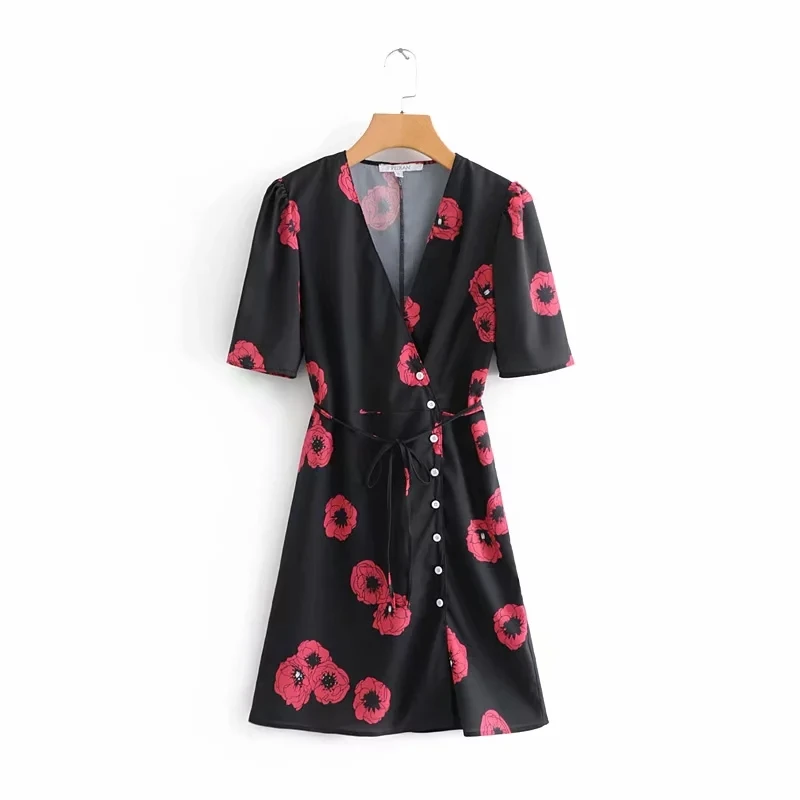 Женское платье с коротким рукавом элегантное красное пляжное цветочным принтом