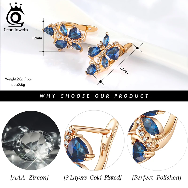 ORSA JEWELS идеальные полированные женские серьги-гвоздики золотистого цвета, вечерние серьги с синим кубическим цирконием ААА, модные ювелирные изделия, подарок OME56-L