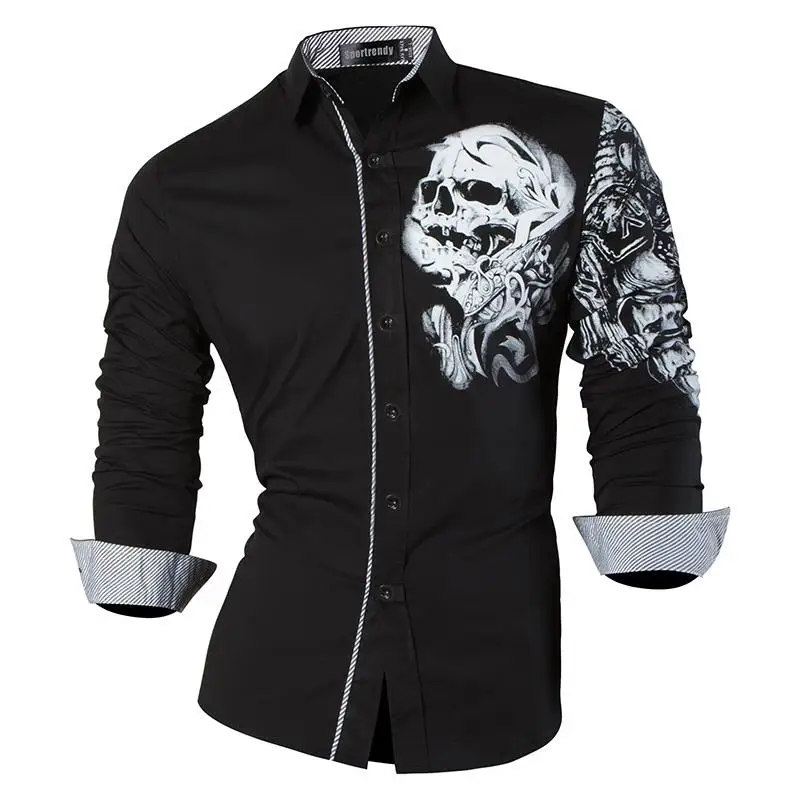 JZS042-Black Sportrendy Мужская рубашка платье повседневное с длинным рукавом Slim Fit Мода Дракон стильный JZS041 - Цвет: JZS042-Black