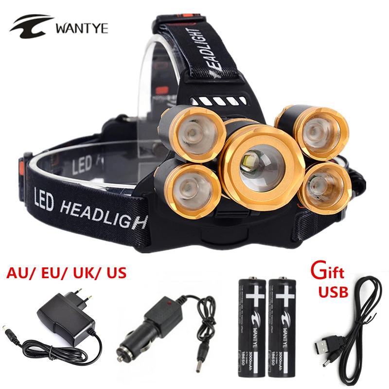 

High Power 15000 Lumen XML T6+4R5 USB Rechargeable Headlight 4 Mode Zoom Outdoor Camping LED Headlamp 2*18650 Battery+Charger
