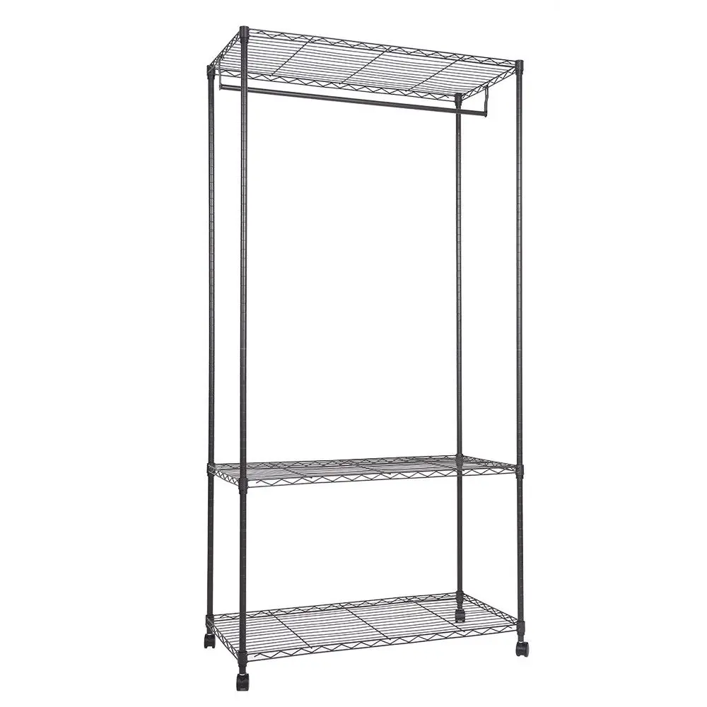 

Garment Rack Triple Hanging Clothes Rail Rolling Adjustable Rod Portable Shelf