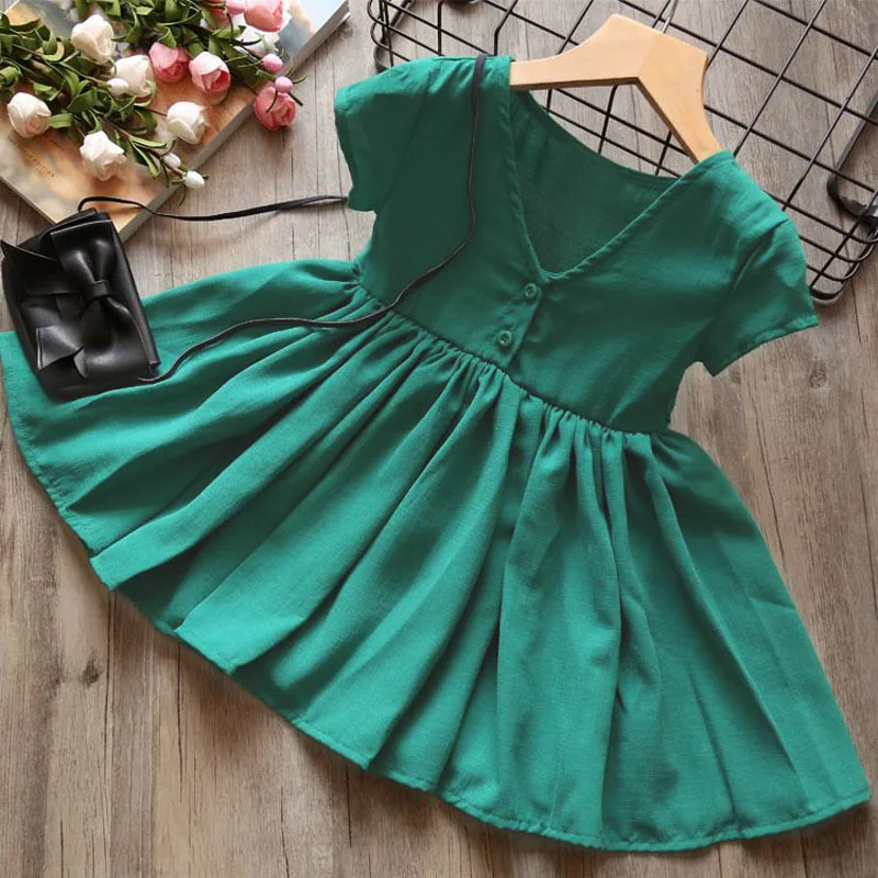 Новое поступление Детское летнее платье одноцветное v-образным вырезом Ruched