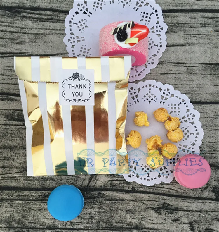 Бесплатная доставка 100 шт Металлические золотые бумажные мешки полосатые сумки