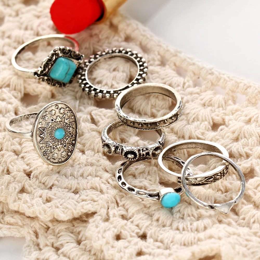 Women Retro Knuckle Ring Sets 8piece /set Blue Stone Jewelry Big Rings Midi Joint Carved Heart Party Fashion | Украшения и