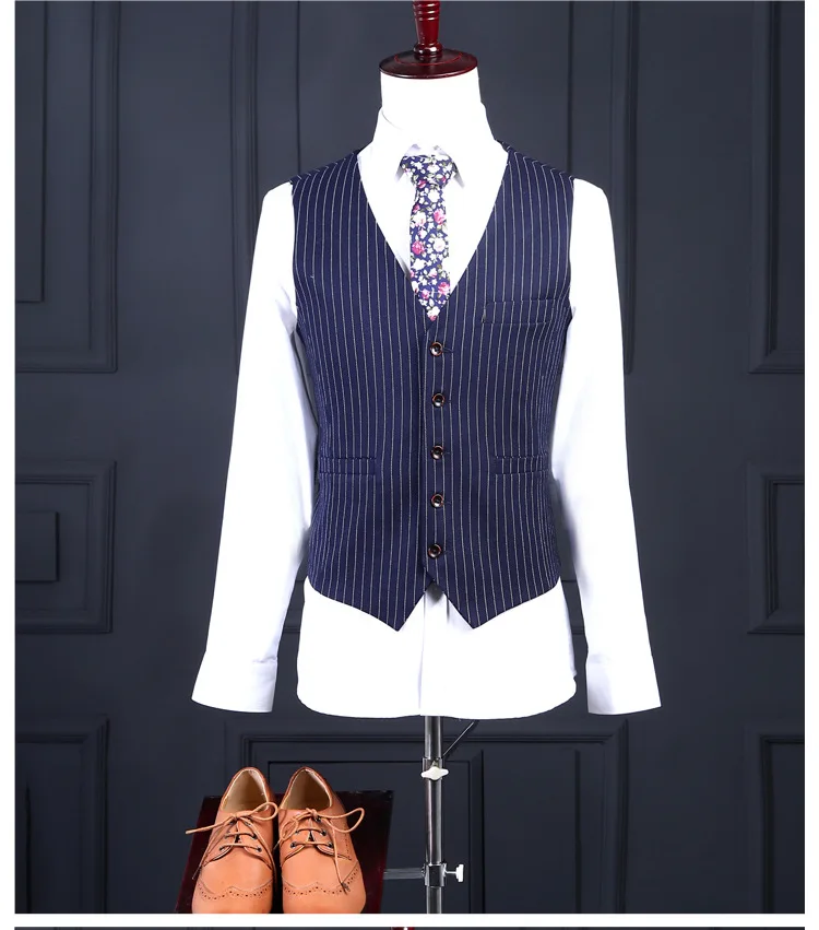 2018 New Blue stripe blazer Groomsmen Suits Slim Fit Mens Wedding Dress Prom Dinner Suit Groom Tuxedos 3piece jacket pant vest | Мужская