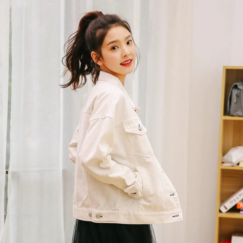 Женская джинсовая куртка короткая белая розовая с длинным рукавом A33 2019 | одежда