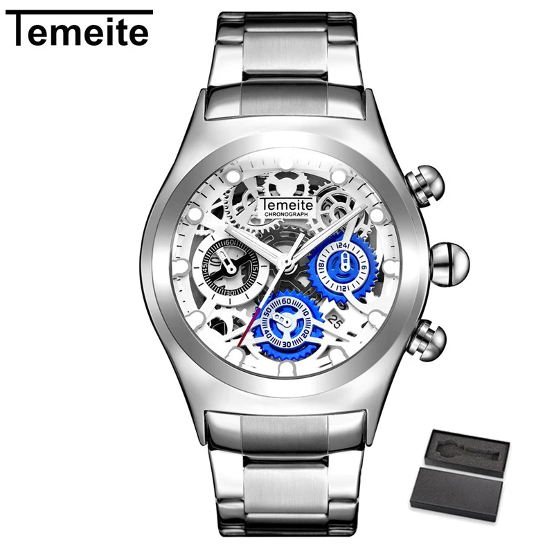 TEMEITE 3 with box Relogio TEMEITE Мужские часы Роскошные модные золотые кварцевые часы бизнес полностью Стальные наручные часы водонепроницаемые мужские часы - Цвет: TEMEITE 3 with box