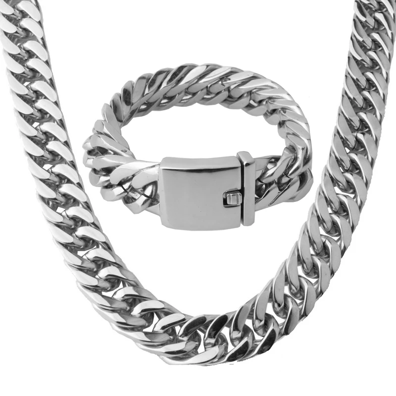 

17mm Cool New Stainless Steel Silver Color Handmade Cuban Curb Link Chain Mens Boys Necklace 24" And Bracelet 8.66" Jewelry Sets