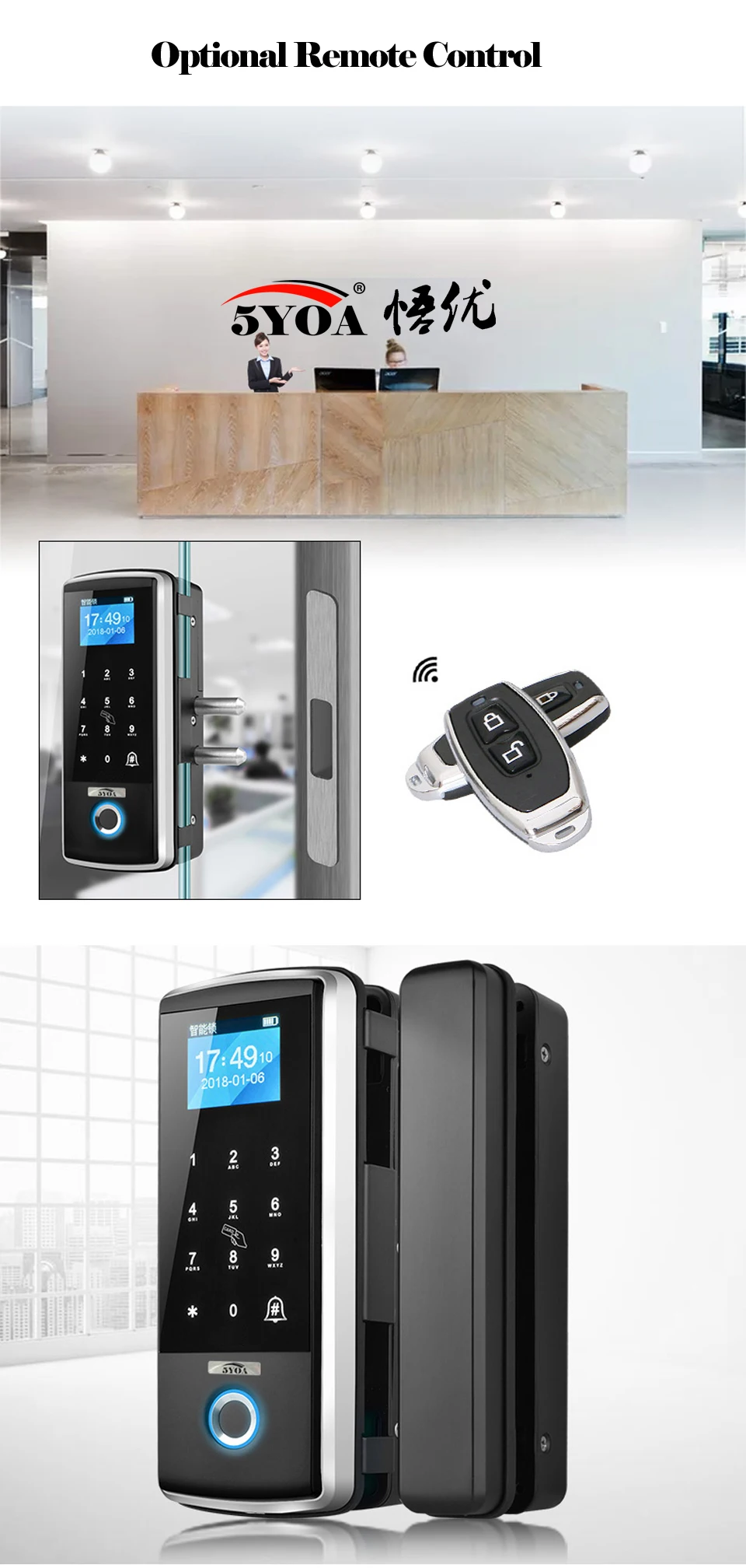 Smart Door Fingerprint Lock Electronic Digital Gate Opener Electric RFID Biometric finger print security Glass Password Card