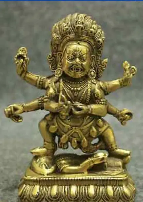 Folk Tibet Brass Buddhism Joss Vajra Protect 6 Arms Mahakala Buddha Seat Statue