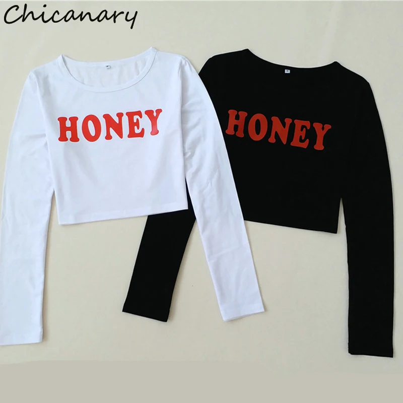 Chicanary 2018 HONEY Crop Top Femme Long Sleeve Tshirt Women Shirt Tops Casual Harajuku Cropped Tumblr White Black | Женская одежда