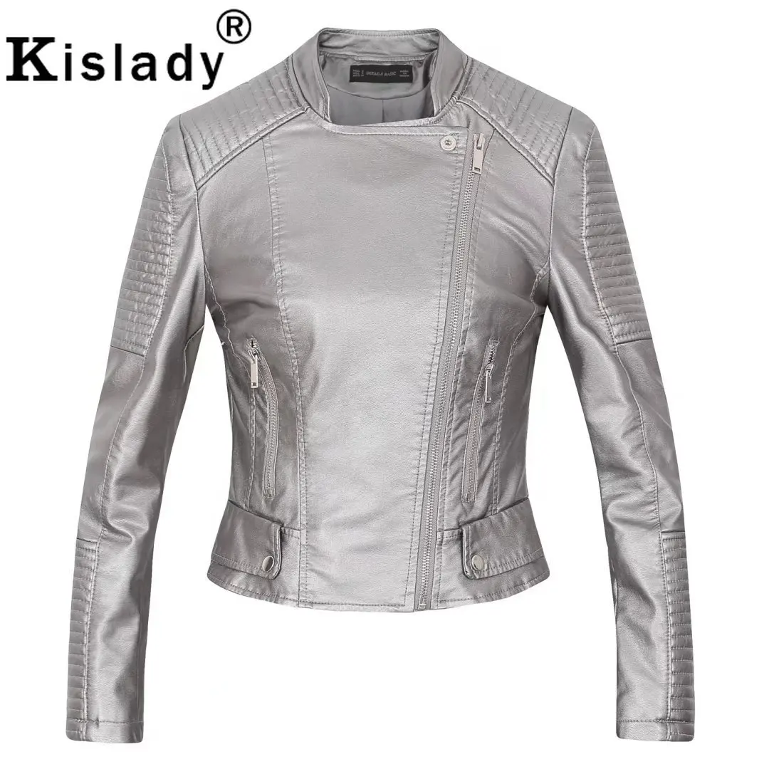 Женская короткая байкерская куртка из искусственной кожи ярко серая винно