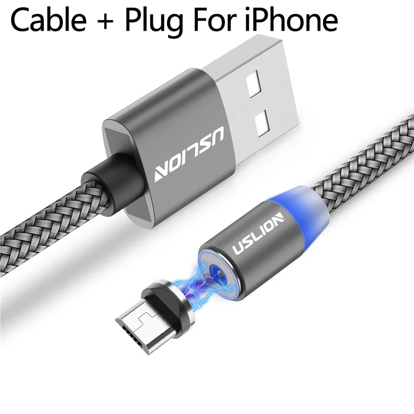 USLION светодиодный магнитный usb-кабель для samsung Xiaomi для iPhone X 8 7, магнитный штекер и кабель USB type C и кабель Micro usb для быстрой зарядки - Цвет: Gray Cable